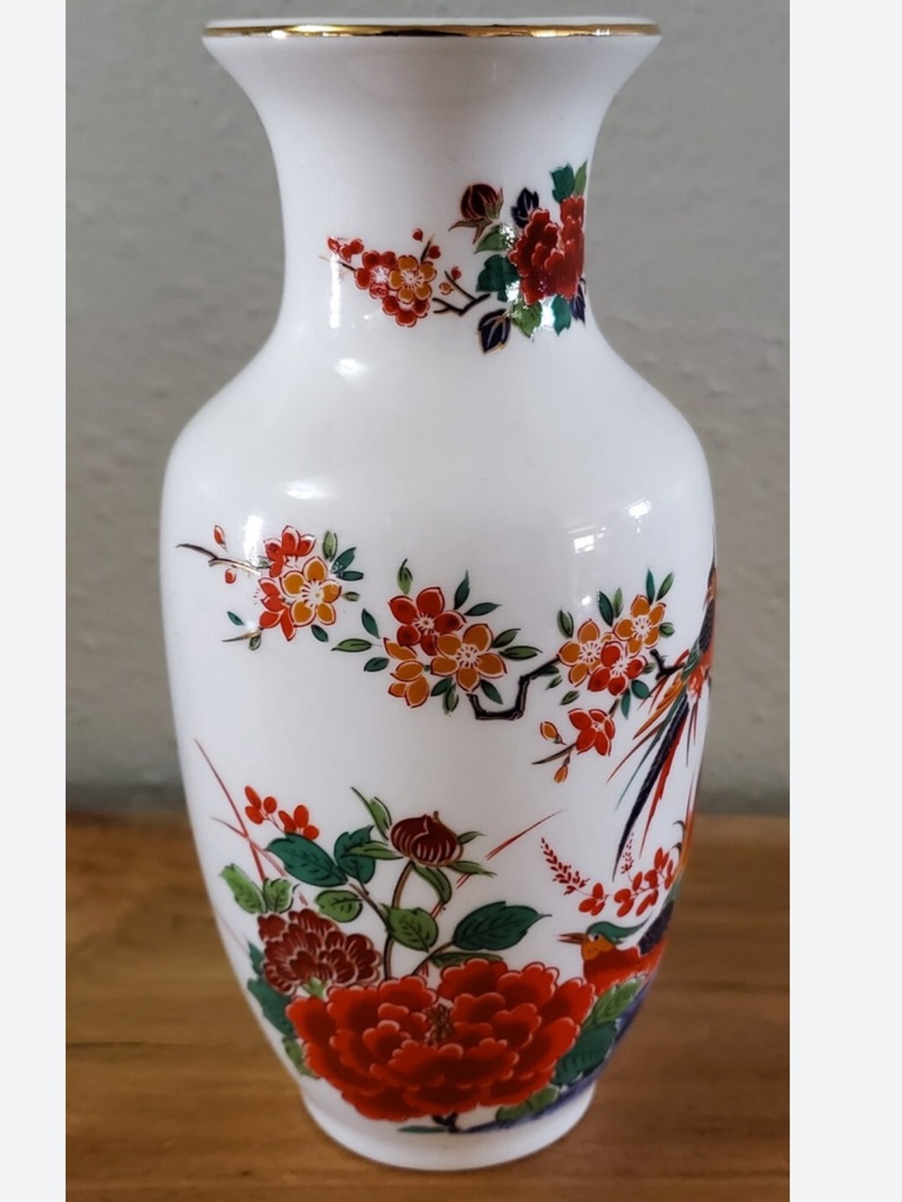 Kutani Vase White Porcelain w/Orange Flowers & Birds Oriental Garden